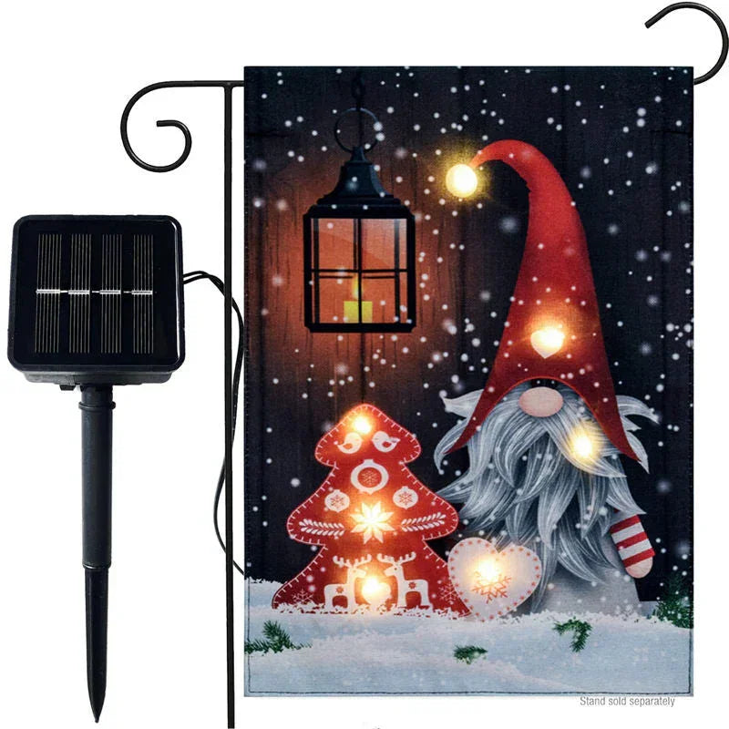 Solar Red Hat Gnome Christmas Tree Winter Garden Flag