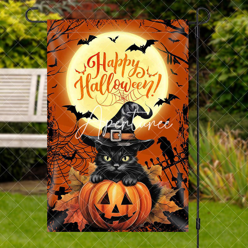 Aperturee Black Cat Pumpkins Moon Night Halloween Garden Flag