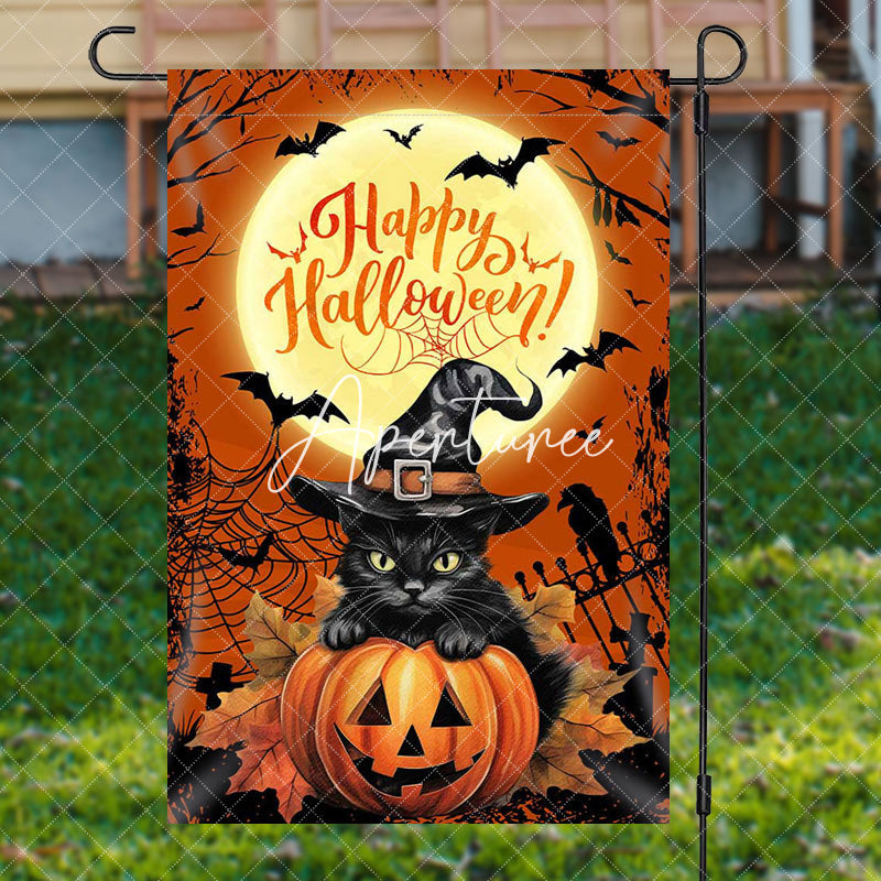 Aperturee Black Cat Pumpkins Moon Night Halloween Garden Flag