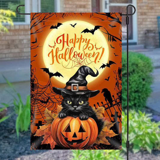 Aperturee Black Cat Pumpkins Moon Night Halloween Garden Flag