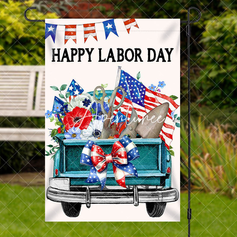 Aperturee Retro Green Car Floral Happy Labor Day Garden Flag