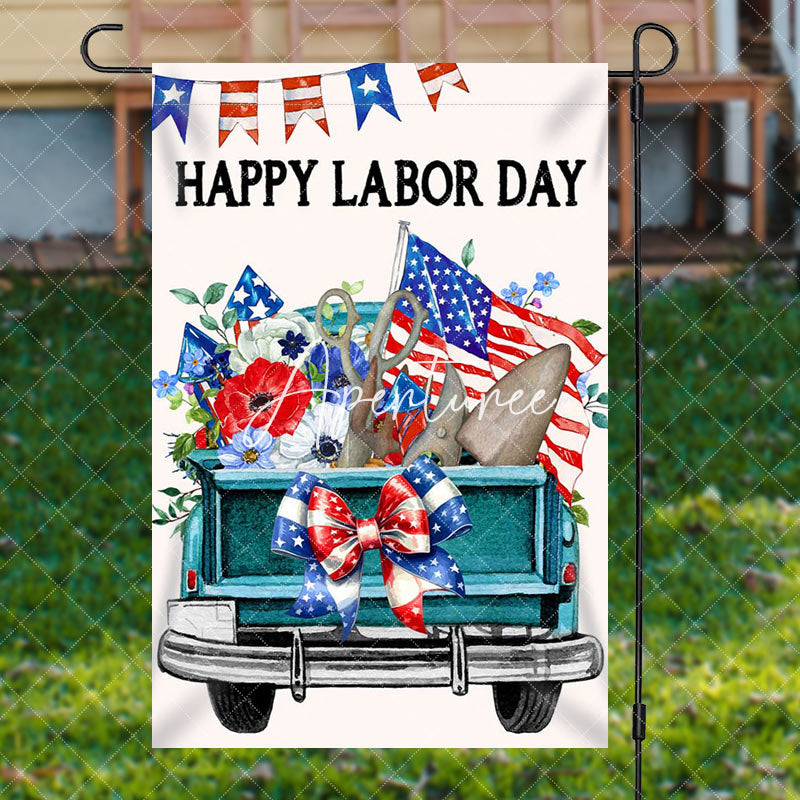 Aperturee Retro Green Car Floral Happy Labor Day Garden Flag