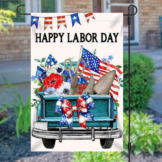 Aperturee Retro Green Car Floral Happy Labor Day Garden Flag