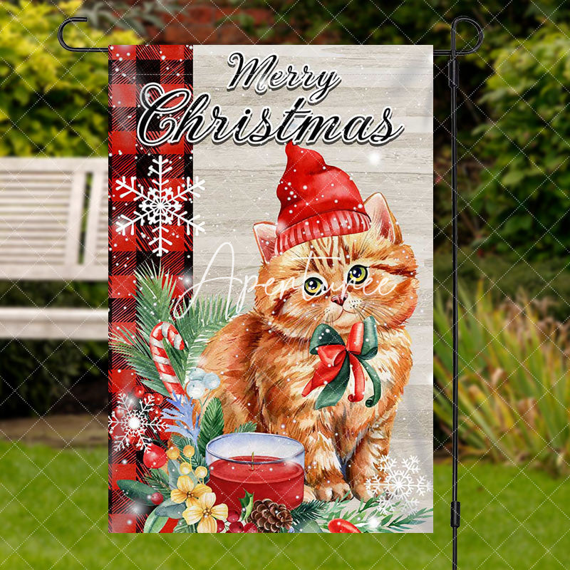 Cute Cat Green Leaf Snow Merry Christmas Garden Flag