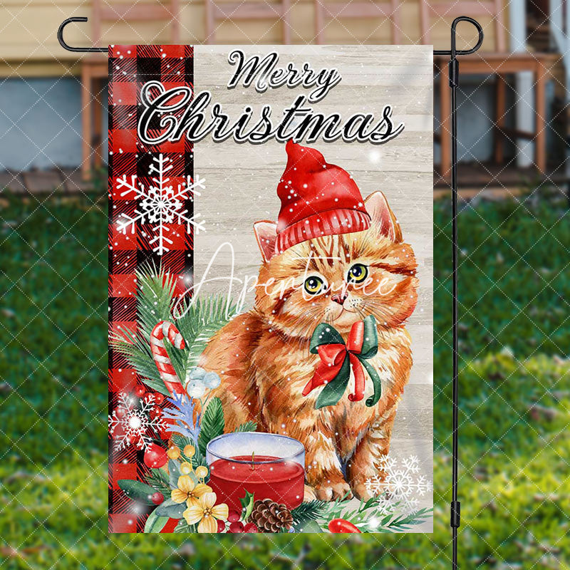 Cute Cat Green Leaf Snow Merry Christmas Garden Flag