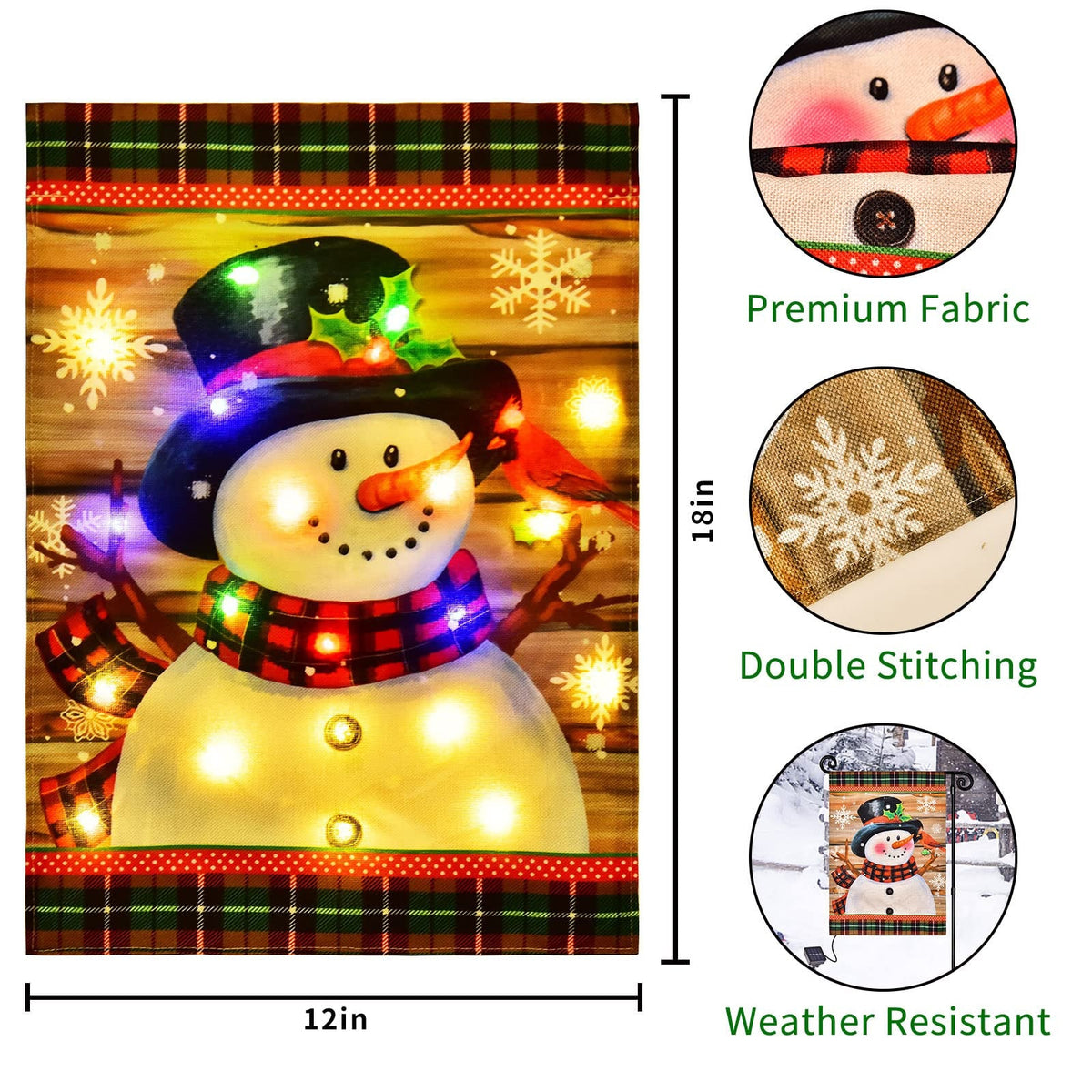 LED Lighted Snowman Plaid Christmas Garden Flag
