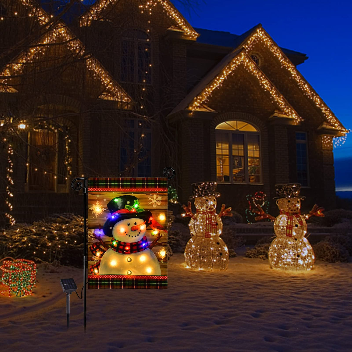LED Lighted Snowman Plaid Christmas Garden Flag