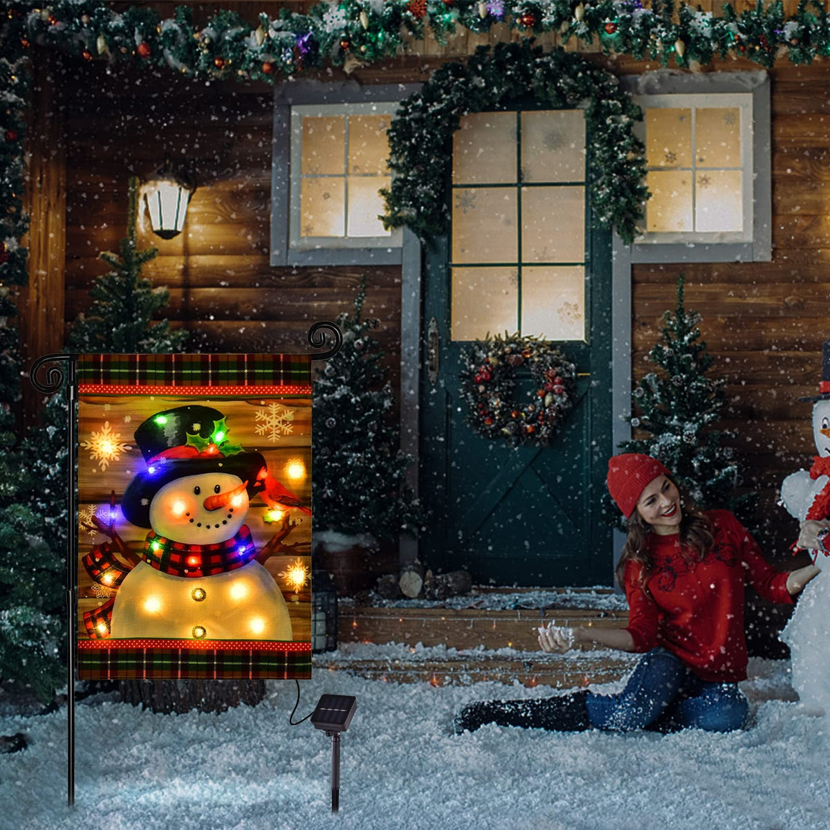 LED Lighted Snowman Plaid Christmas Garden Flag