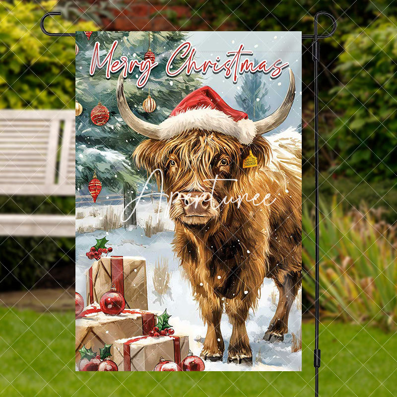 Snowy Field Trees Cow Merry Christmas Garden Flag