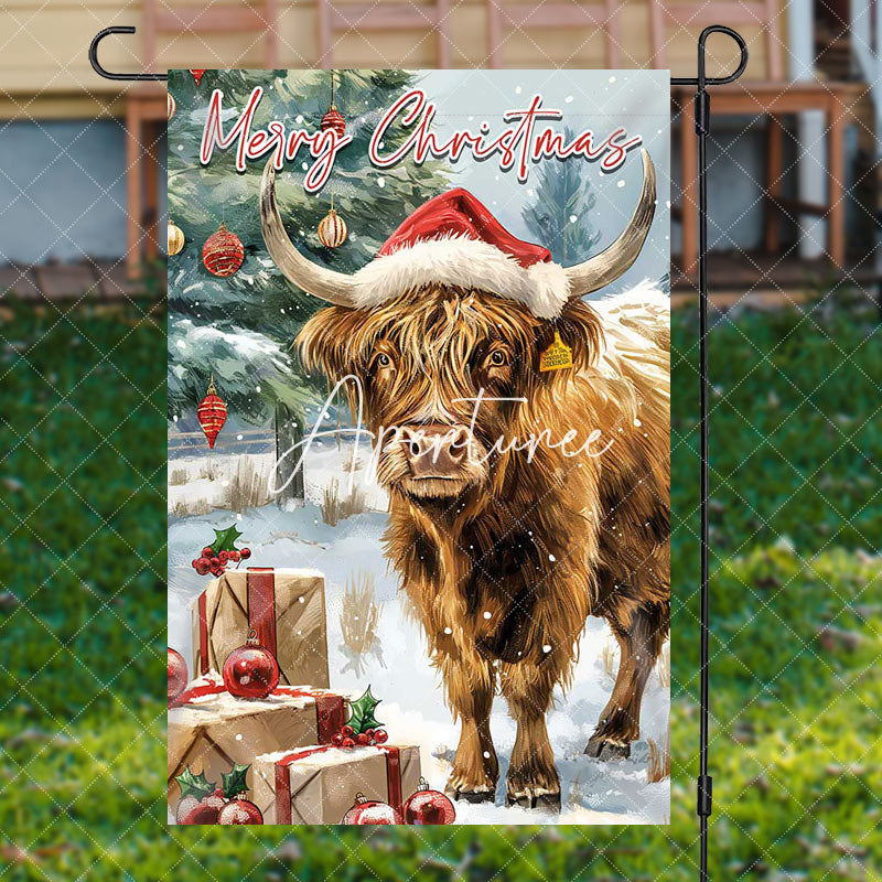 Snowy Field Trees Cow Merry Christmas Garden Flag