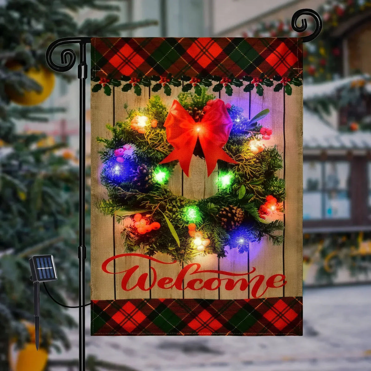 Solar LED Snowy Forest Red House Truck Yard Flag