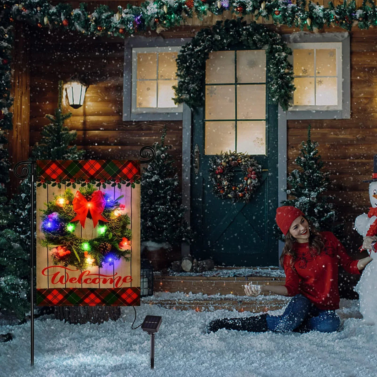 Solar LED Snowy Forest Red House Truck Yard Flag