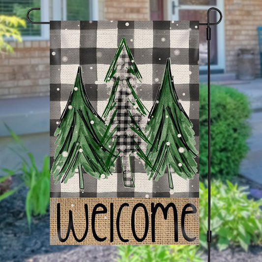 Welcome Pine Trees Checkered Christmas Garden Flag