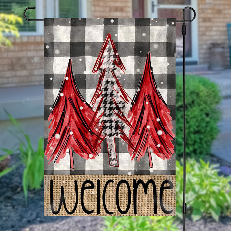Welcome Pine Trees Checkered Christmas Garden Flag