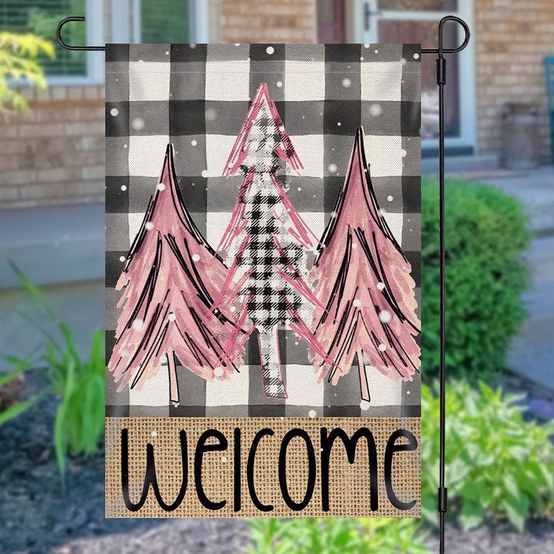 Welcome Pine Trees Checkered Christmas Garden Flag